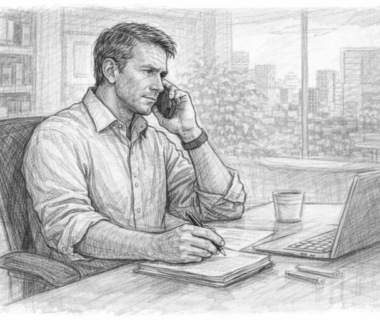 Business owner speaking on the phone in his office while reviewing documents about selling his company.