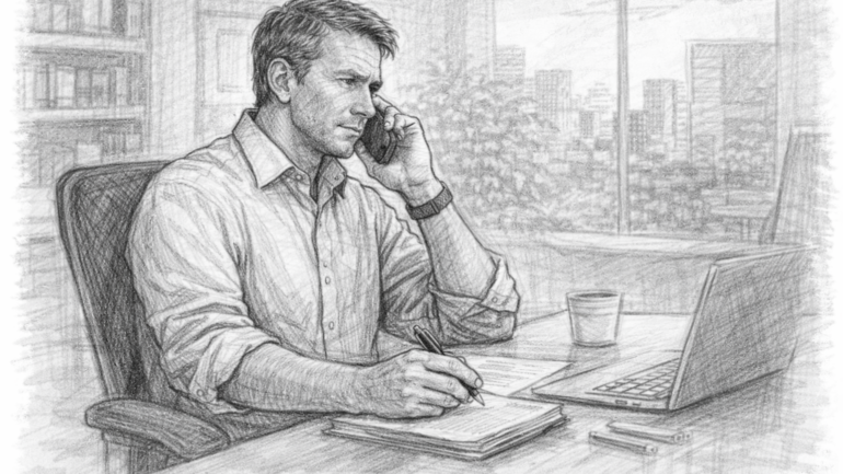 Business owner speaking on the phone in his office while reviewing documents about selling his company.