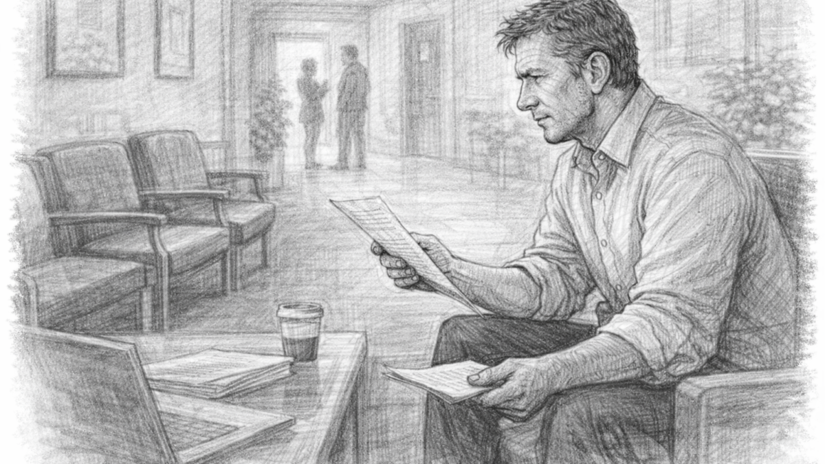 Business owner sitting in waiting area reviewing documents related to selling his business.