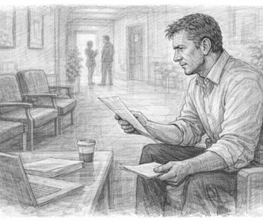 Business owner sitting in waiting area reviewing documents related to selling his business.