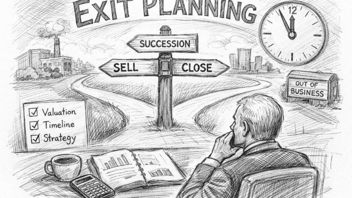 Business owner reviewing financial documents while considering sell, succession, or close options in exit planning pencil sketch illustration.