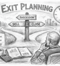 Business owner reviewing financial documents while considering sell, succession, or close options in exit planning pencil sketch illustration.