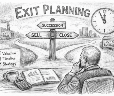 Business owner reviewing financial documents while considering sell, succession, or close options in exit planning pencil sketch illustration.