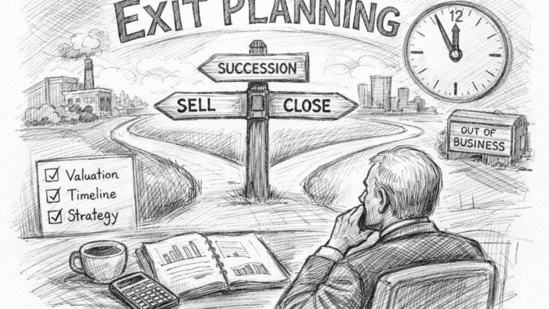 Business owner reviewing financial documents while considering sell, succession, or close options in exit planning pencil sketch illustration.