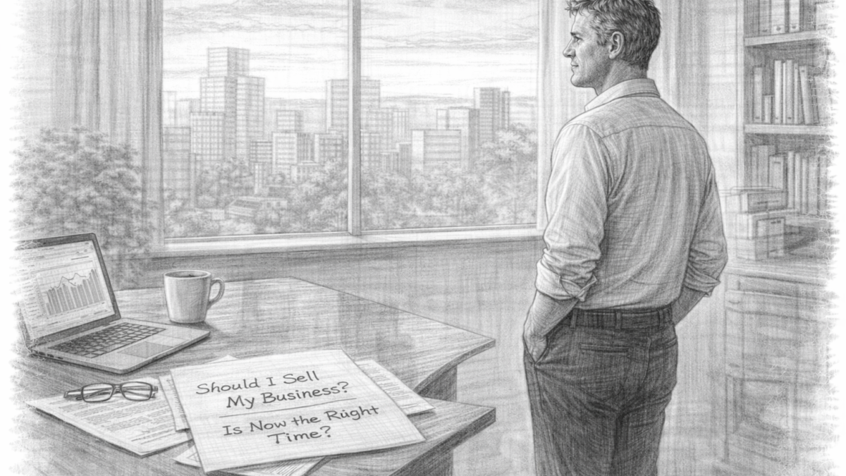 Business owner standing in office looking out window while considering whether to sell his business.