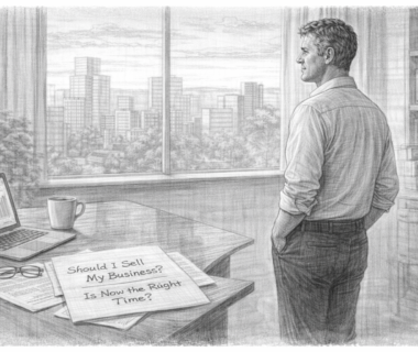 Business owner standing in office looking out window while considering whether to sell his business.