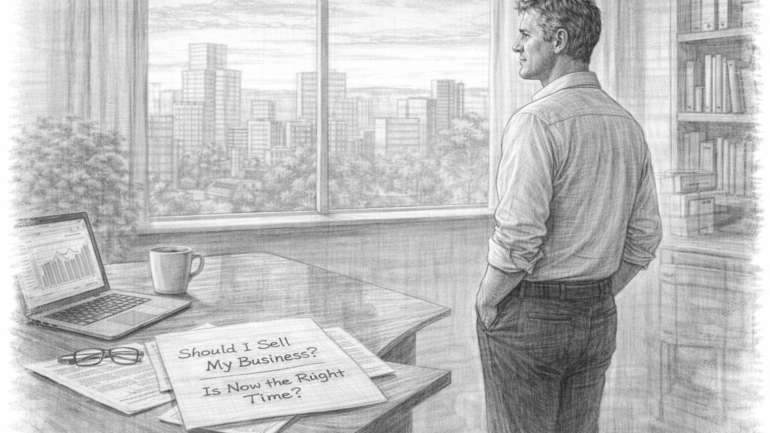 Business owner standing in office looking out window while considering whether to sell his business.