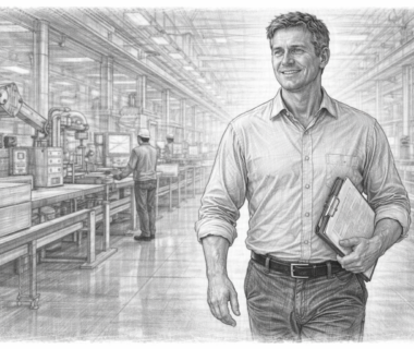 Confident business owner walking through manufacturing facility reviewing operations and team activity.